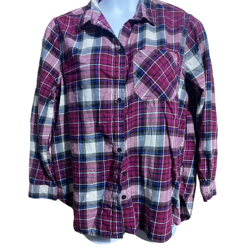 BeachLunchLounge pink purple black plaid button up flannel shirt women's Large